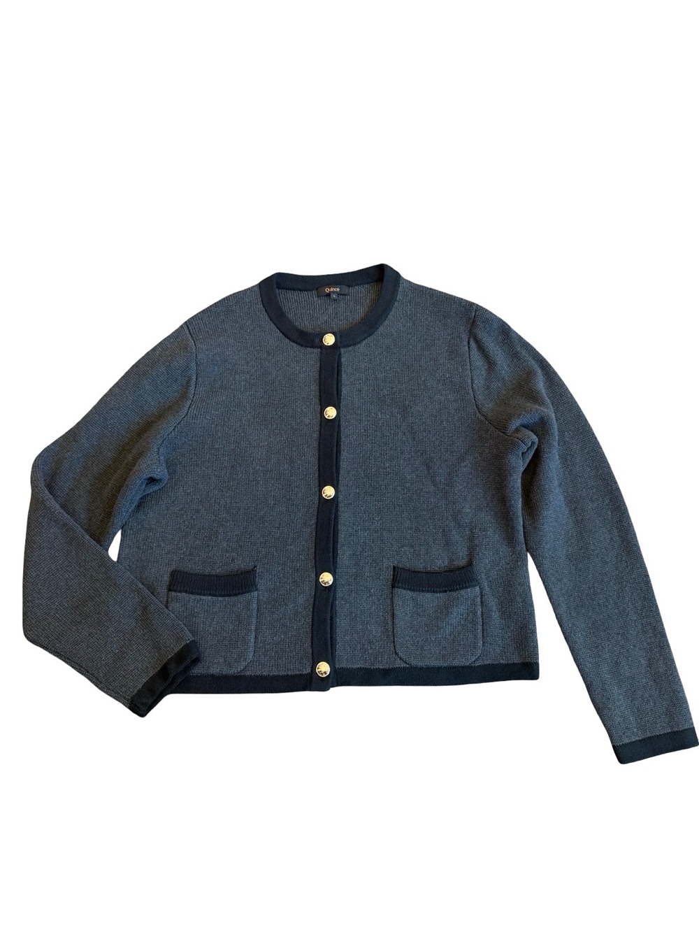 Quince Charcoal Black Colorblock Cardigan Sweater Collarless Cardi Large Women's